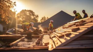 Homeowner reviews a roofing contract beside roof damage photos and a clipboard.