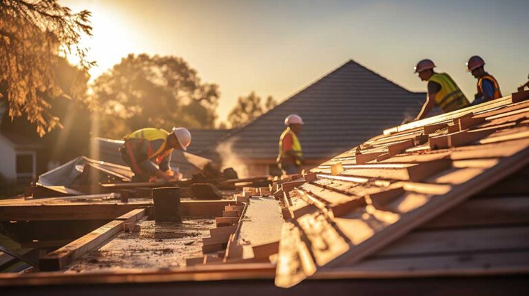 Homeowner reviews a roofing contract beside roof damage photos and a clipboard.